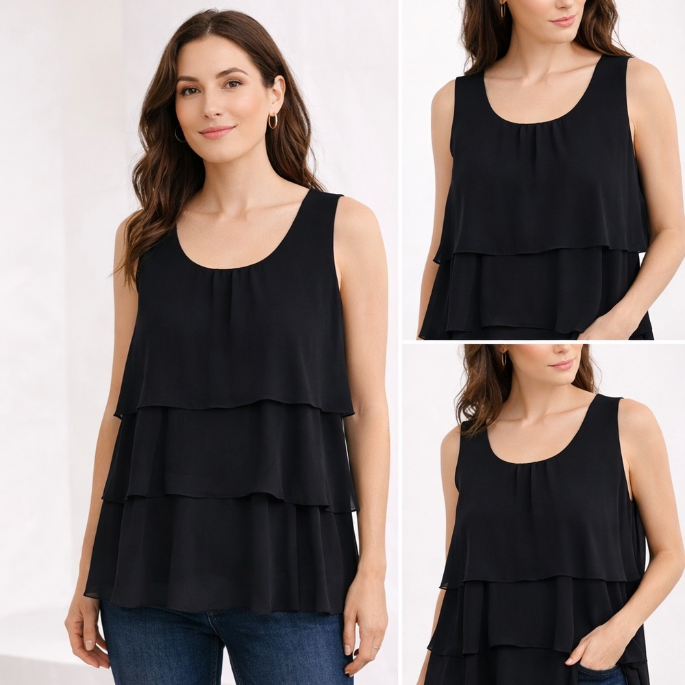 Simply Vera Wang Black Tiered Ruffle Blouse‎ Sleeveless Flowy Layered Top M